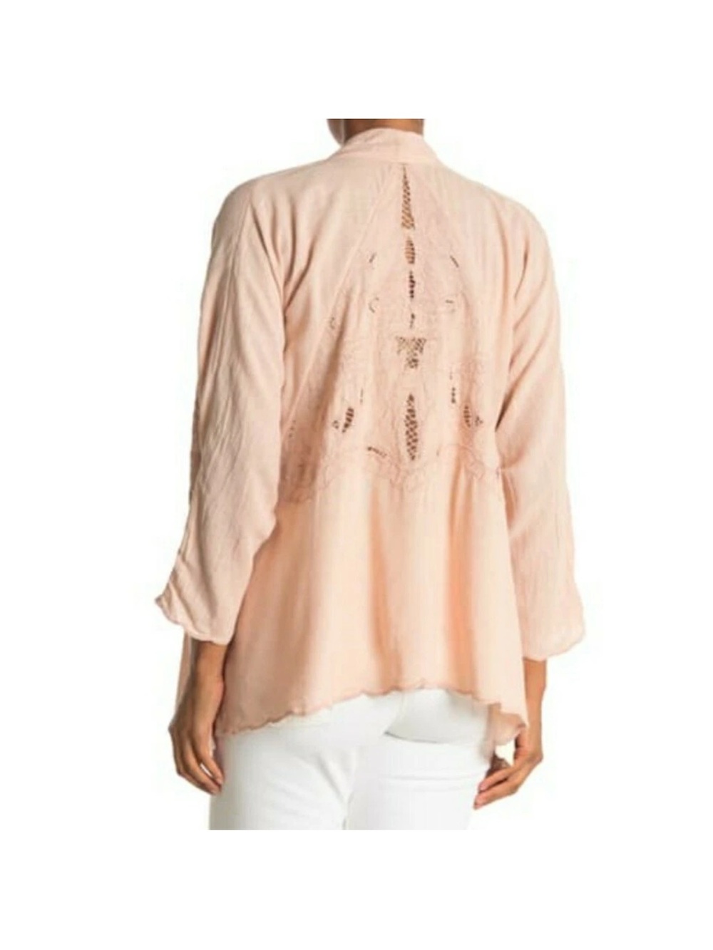 Free People Cool Nights Crochet Lace Open Cardigan in Conch Pink - Picture 2 of 8